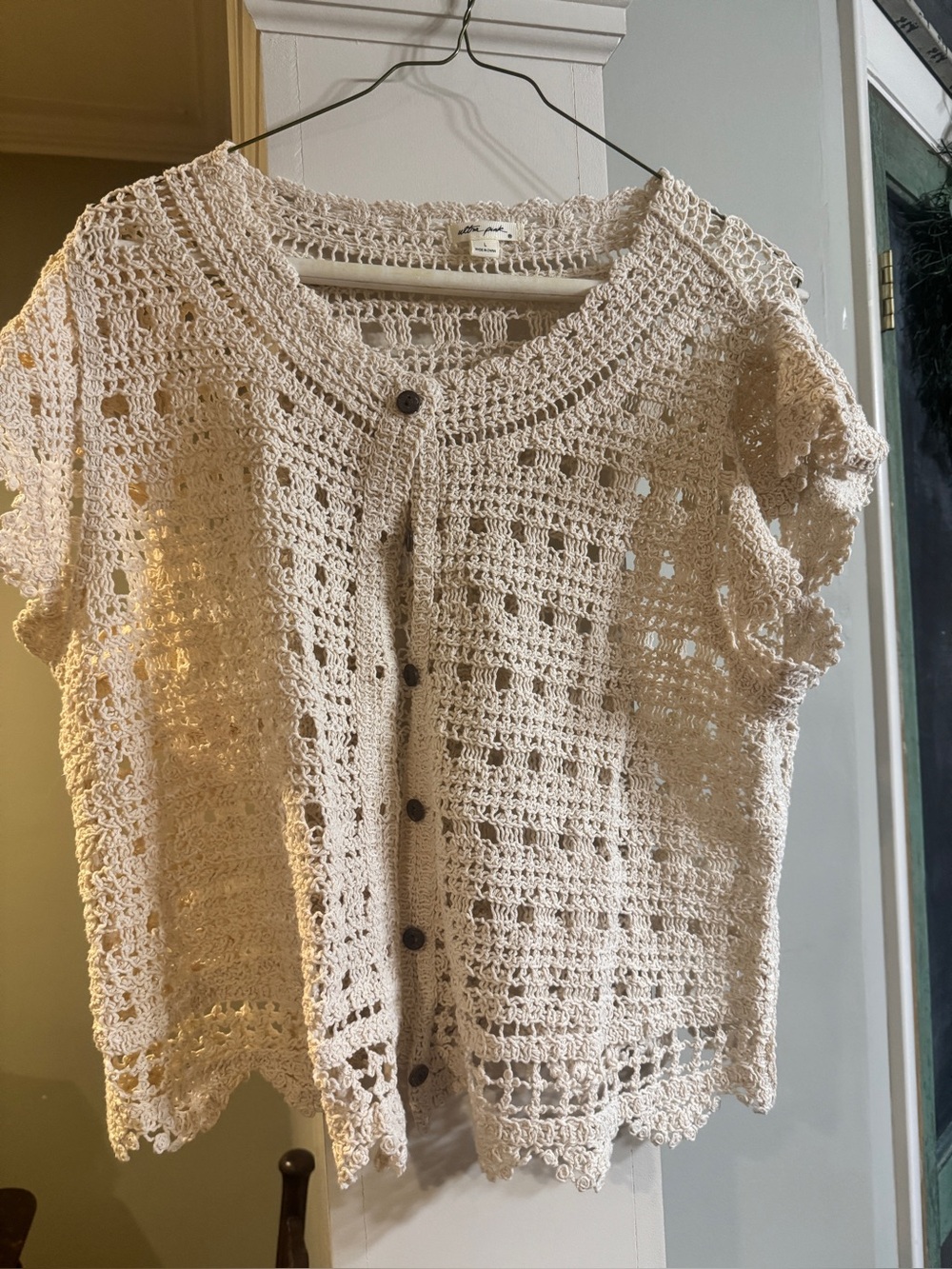 Ultra Pink Crochet Open-Knit Cardigan in Cream